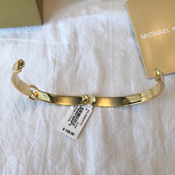 Michael Kors Polished Gold Plated Brass & Pave Crystals Logo Bangle NWT & Box - Picture 12 of 16
